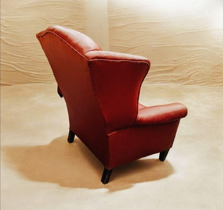 Vintage Red Leather Wingback Chair & Ottoman - 8