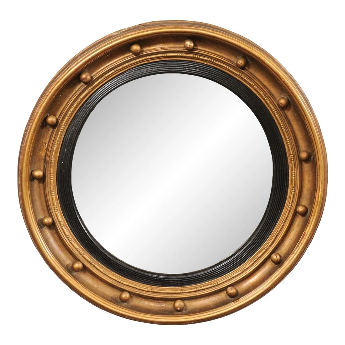 19th C. Bulls-Eye Mirror, Black & Bronze: An American carved-wood bullseye accent mirror in black and bronze/gold, from the 19th century. This antique mirror features a round/convex glass center, set within in circular carved-wood frame,