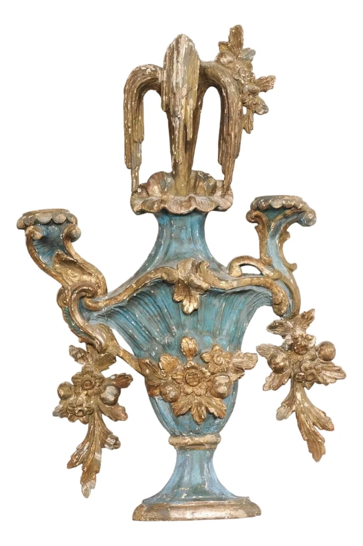 18th C. Italian Wall Mounted Urn Fragment: An Italian carved and painted wood urn fragment from the 18th century. This antique wall decoration from Italy has been carved to resemble and urn, with an exaggerated waterfall top, and floral and