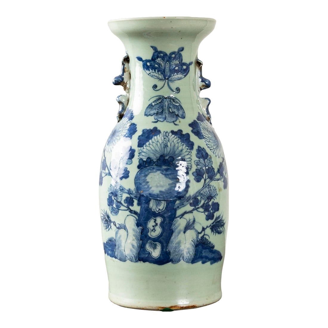 Late 19th Century Qing Dynasty Chinese Porcelain Baluster Celadon Vase With Blue Floral Decoration: This Antique Chinese Celadon Vase decorated with butterflies and florals is a magnificent piece likely from the Qing Dynasty and crafted in the 19th century. The intricate design and attention to