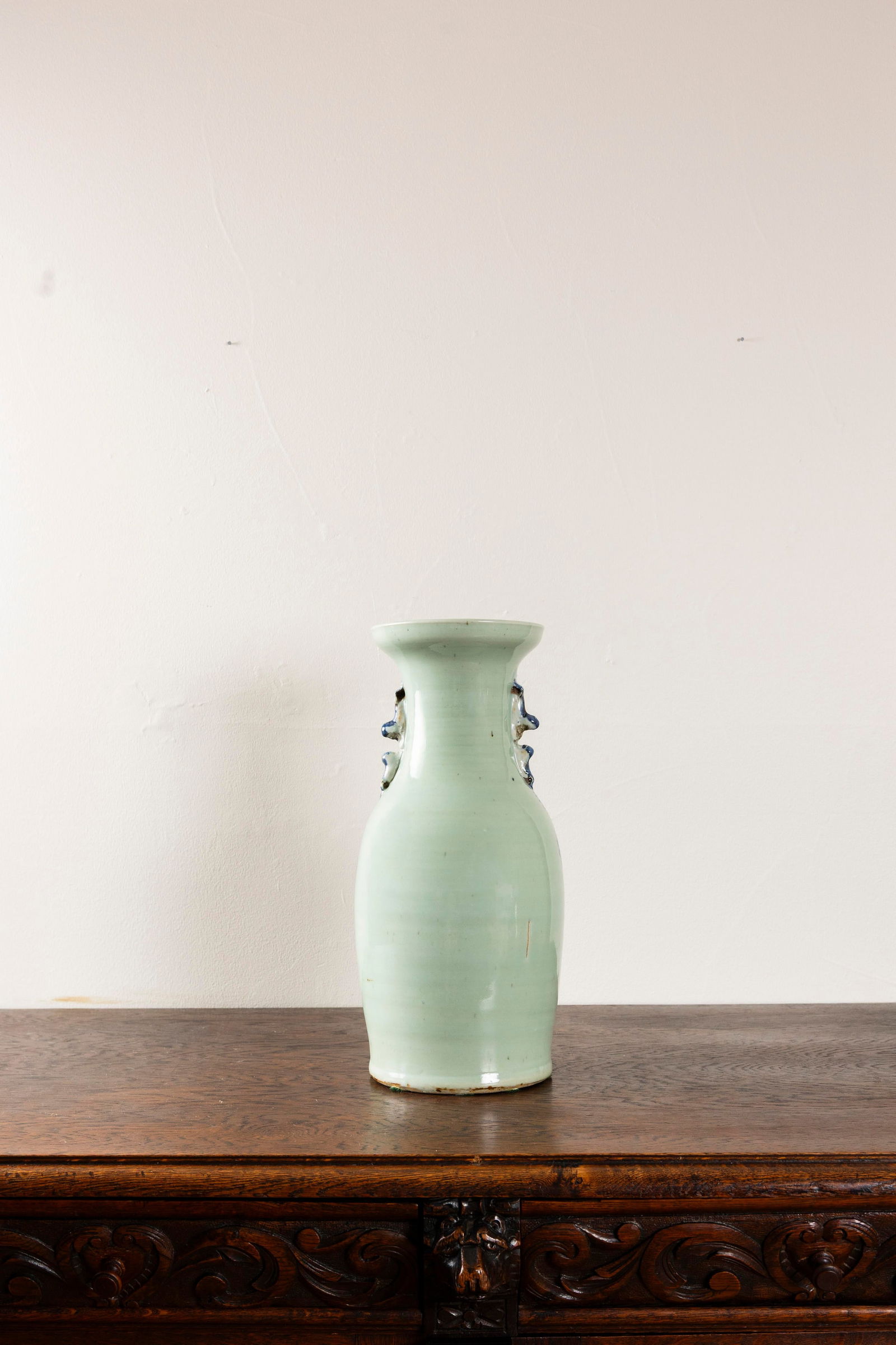 Late 19th Century Qing Dynasty Chinese Porcelain Baluster Celadon Vase With Blue Floral Decoration - 2