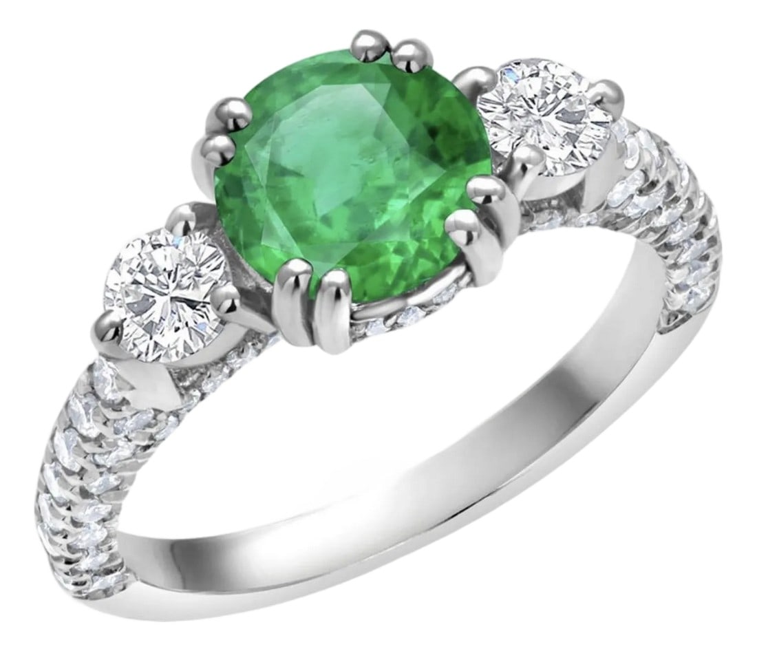 Gia Certified Colombian Emerald Diamond 2.85 Carat 18 Karat Gold Cocktail Ring, Size 6.5: The ring features a captivating design that combines the elegance of 18-karat gold with the natural beauty of a round Colombia emerald, weighing 1.40 carat and sparkling diamonds., weighing 1.45