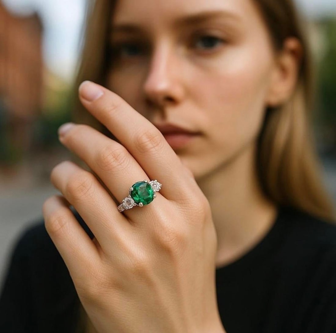 Gia Certified Colombian Emerald Diamond 2.85 Carat 18 Karat Gold Cocktail Ring, Size 6.5 - 8