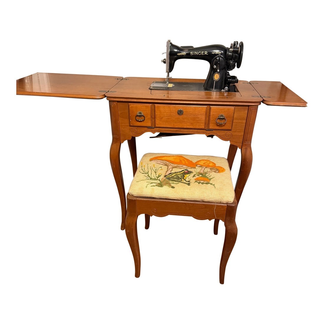 Antique, Functional Electric Sewing Machine Model 15-91 Wooden Desk With Needlepoint Bench (1 of 6)