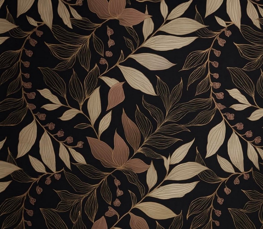 WallBlush Botanical Wallpaper, Full Designer Set: Luxurious WallBlush botanical peel-and-stick wallpaper featuring a flowing leaf motif in layered purple, cream, brown, and subtle green tones set against a rich black ground. The design has a soft