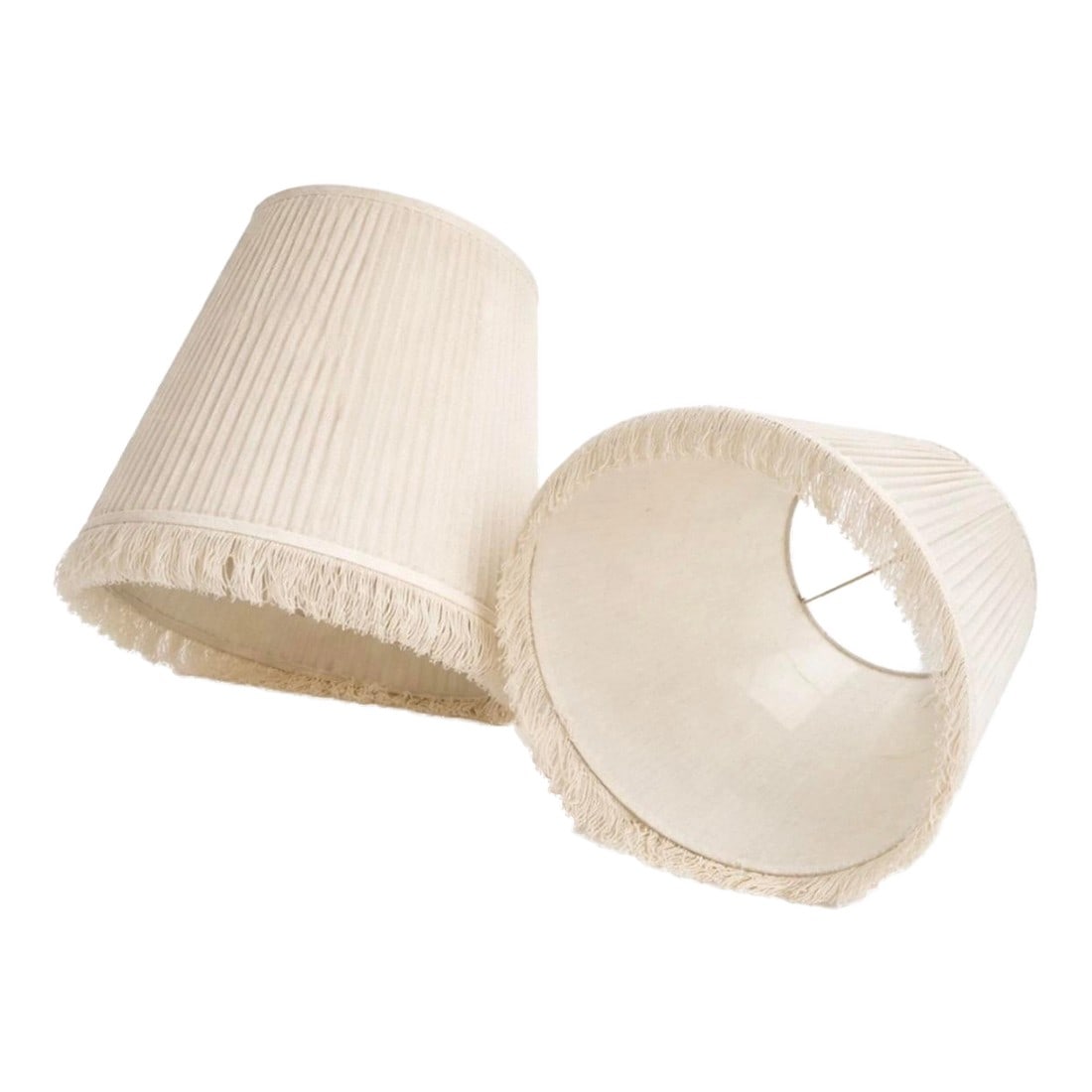 Mid-Century Traditional Ivory Pleated Fringe Lampshades: Mid-century ivory pleated empire lampshades with fringe, offered as a matching pair in a classic traditional silhouette. Condition: Alterations: Original Condition Unaltered Imperfections: Some