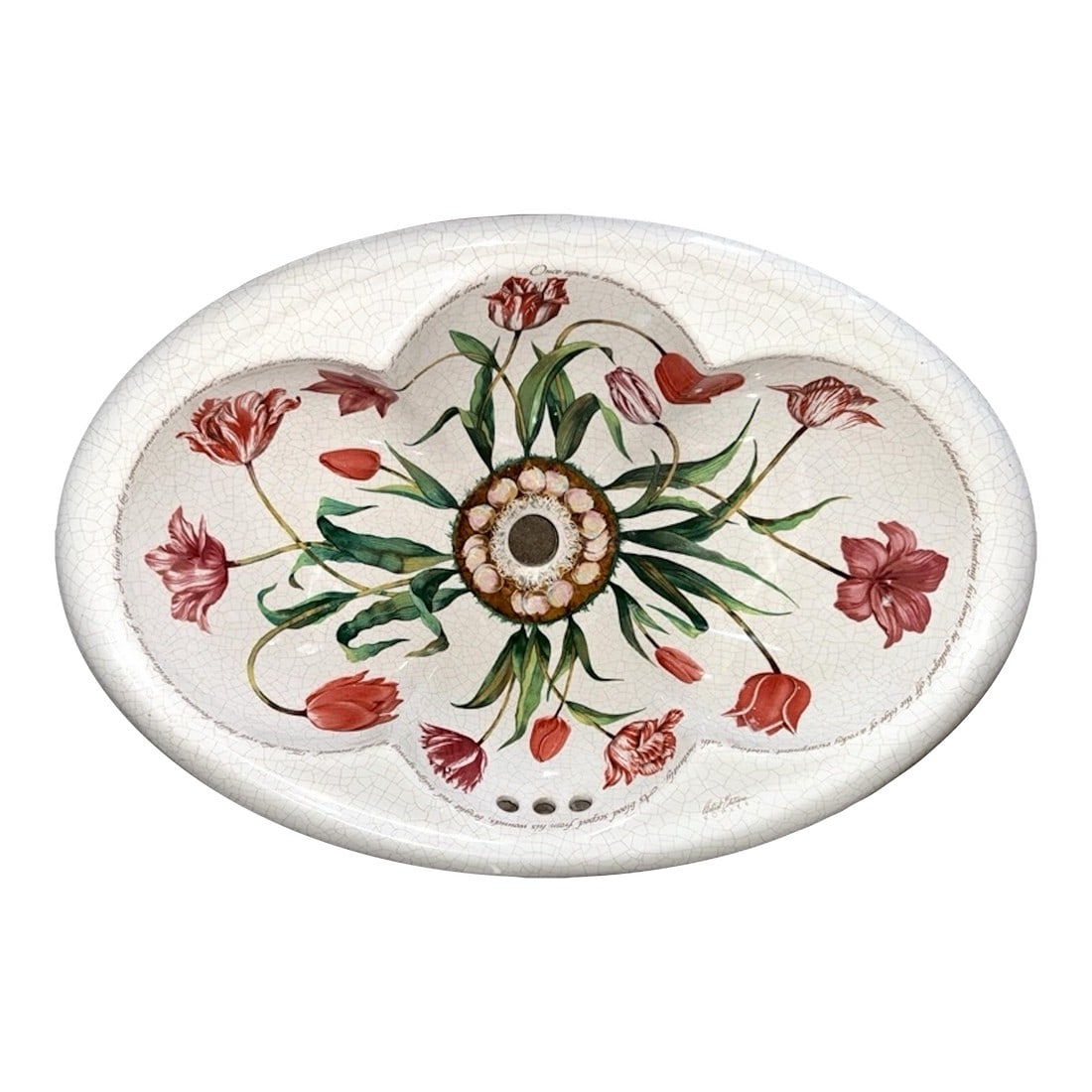 1990's Kohler Artist Edition - Fables and Flowers Cantata Countertop Sink: Kohler launched in 1990 their "Fables & Flowers" Series. Inspired by 17th-century English botanicals. Featuring tulip blossoms in a range of reds, pinks, and whites with green foliage. On a white