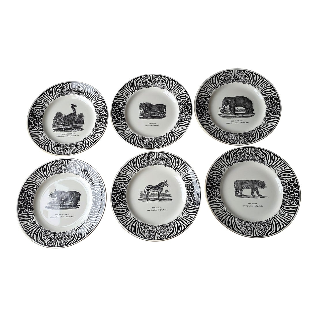 Bewicks Beastes Prinknash Abbey Pottery Plates Six: Charming rare vintage black and white animal themed plates from England. These are dishwasher safe but so Beautiful and interesting that you will want to hang them on a wall or display them in