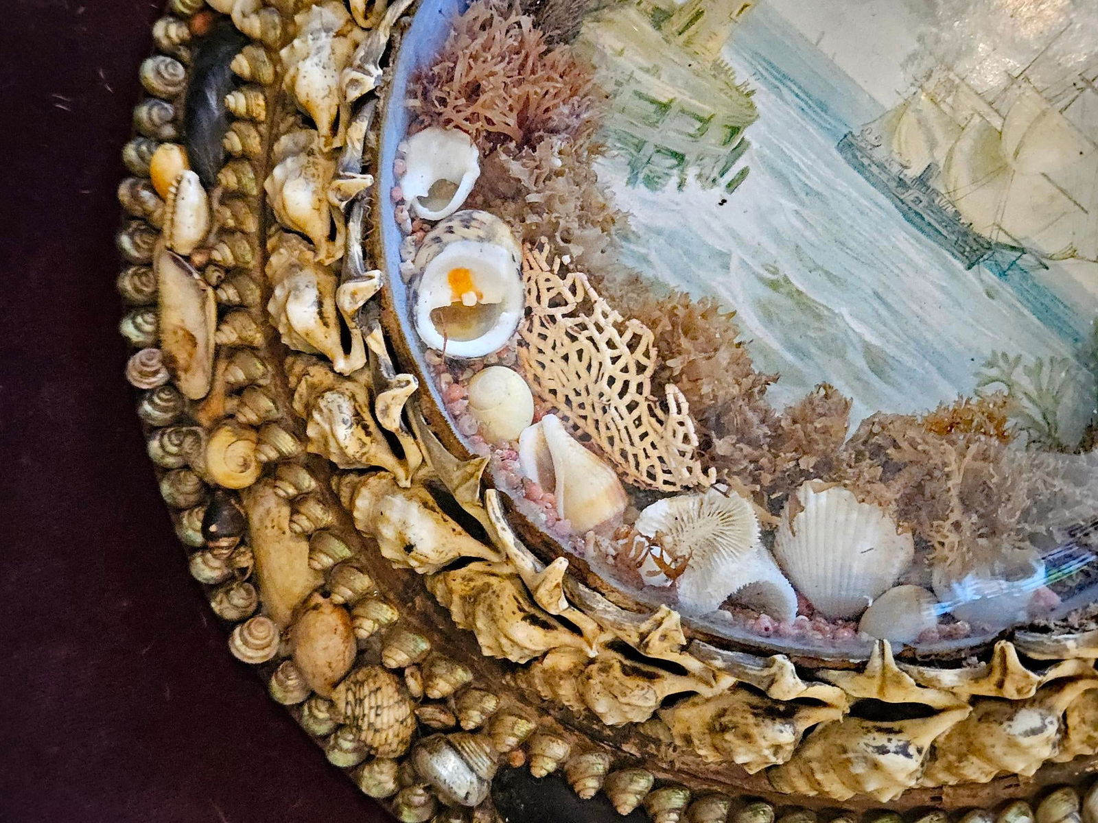 Edwardian Shellwork Valentine Diorama of a Ship Passing Lighthouse - 11