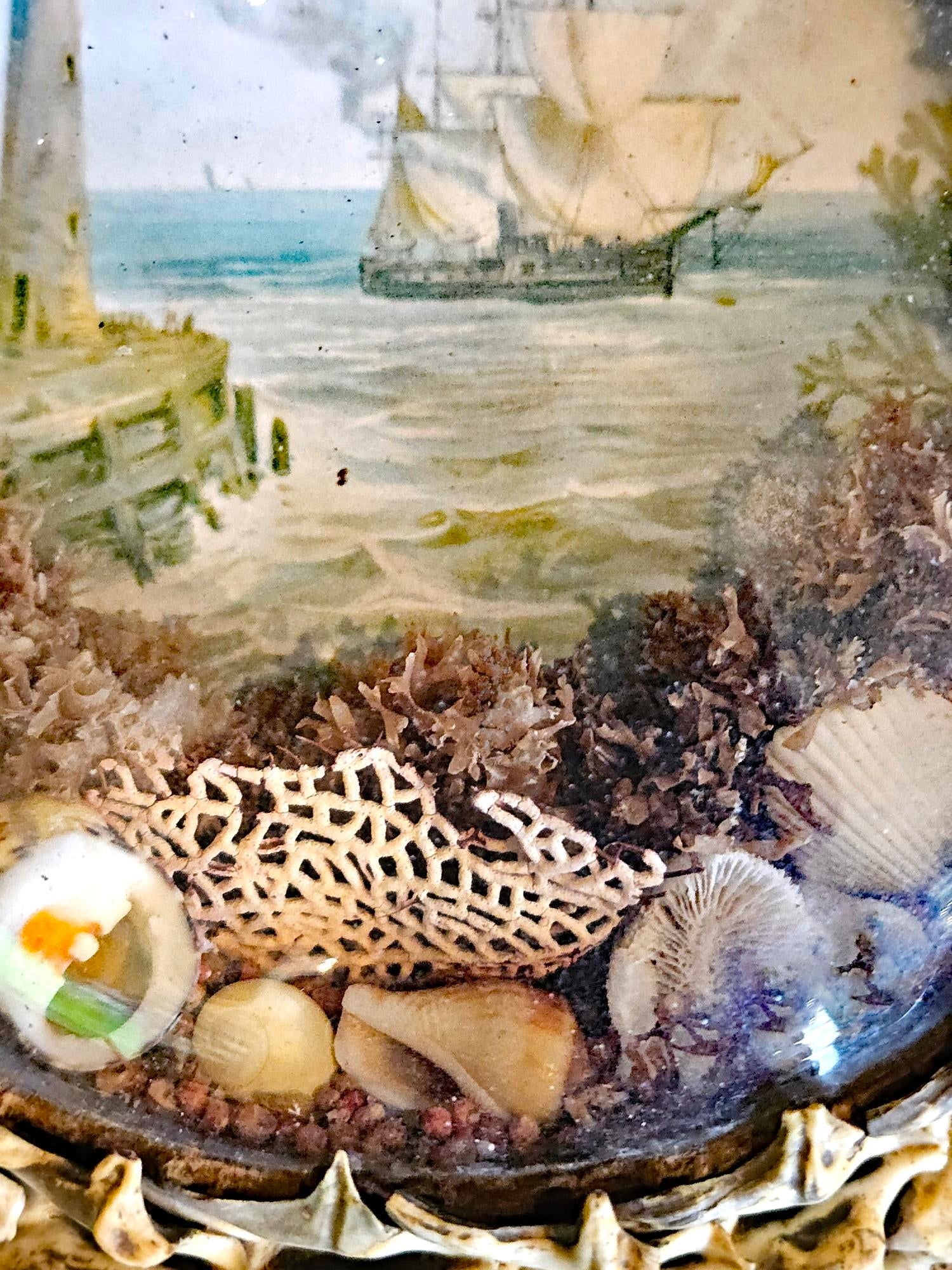 Edwardian Shellwork Valentine Diorama of a Ship Passing Lighthouse - 12