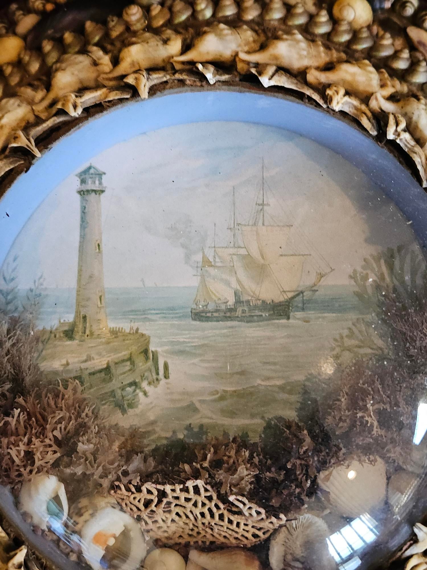 Edwardian Shellwork Valentine Diorama of a Ship Passing Lighthouse - 15