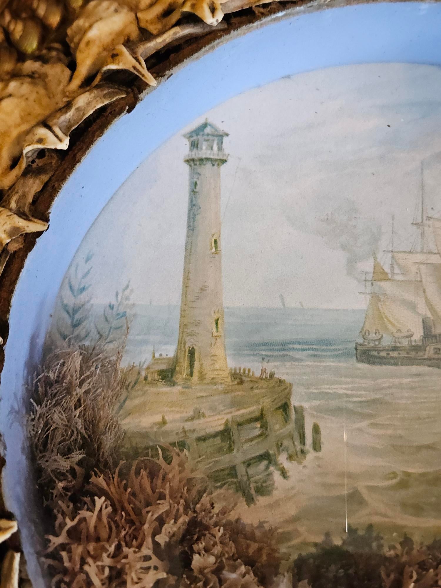 Edwardian Shellwork Valentine Diorama of a Ship Passing Lighthouse - 16