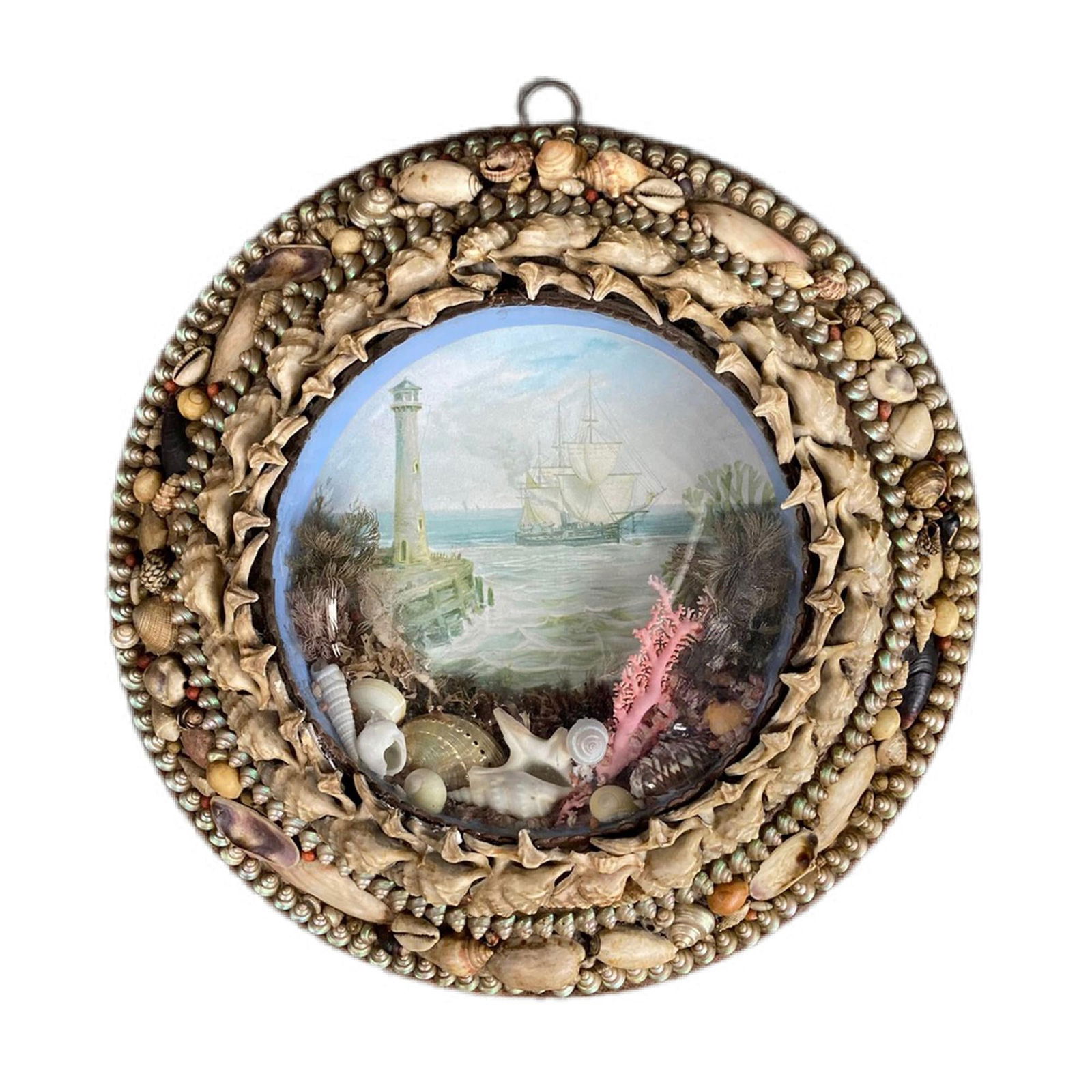 Edwardian Shellwork Valentine Diorama of a Ship Passing Lighthouse - 17