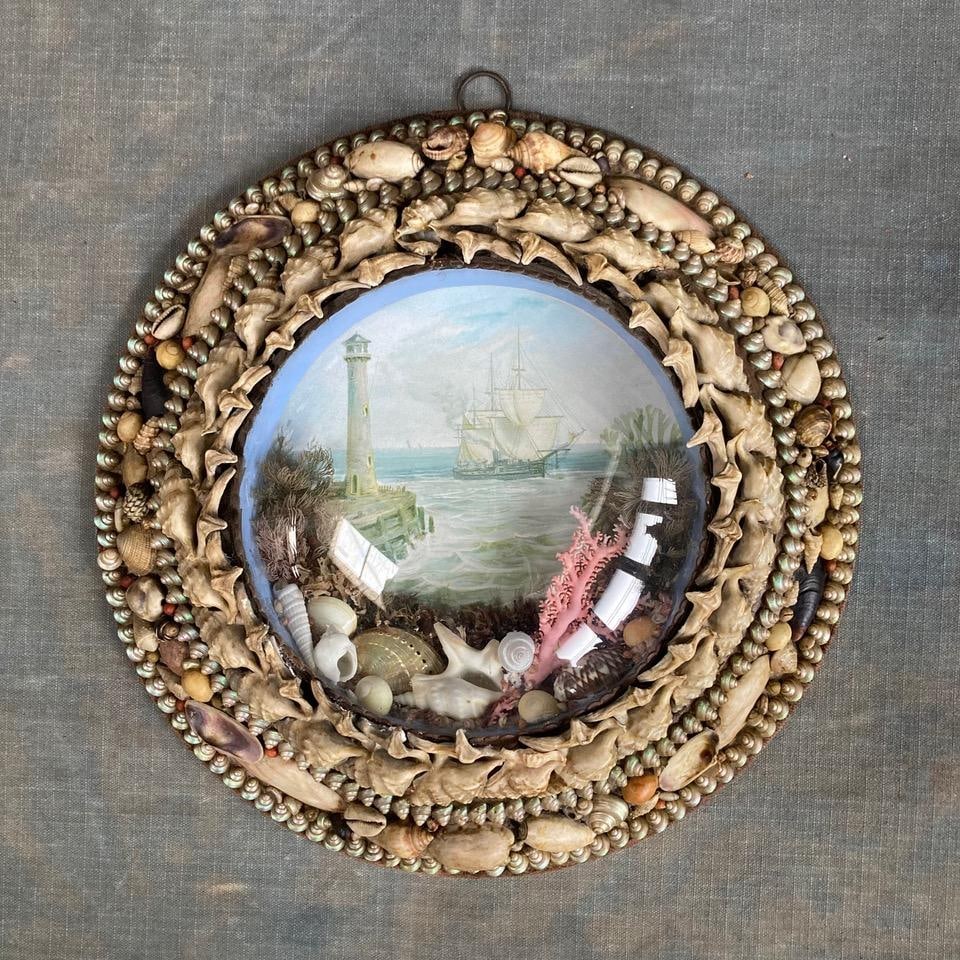 Edwardian Shellwork Valentine Diorama of a Ship Passing Lighthouse - 2