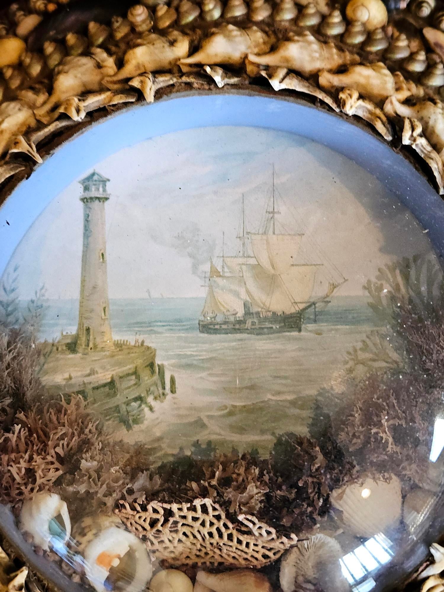 Edwardian Shellwork Valentine Diorama of a Ship Passing Lighthouse - 3