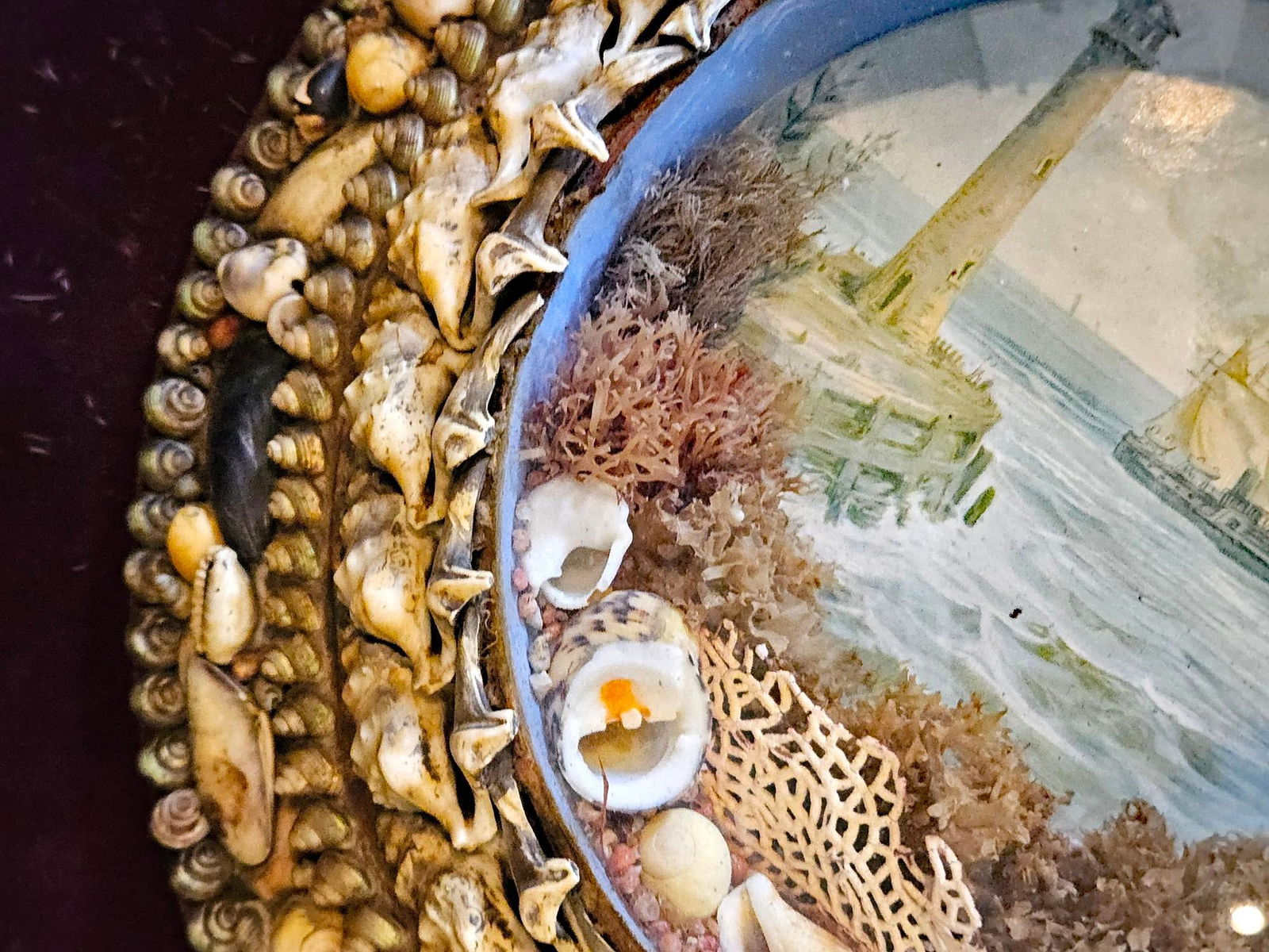 Edwardian Shellwork Valentine Diorama of a Ship Passing Lighthouse - 5