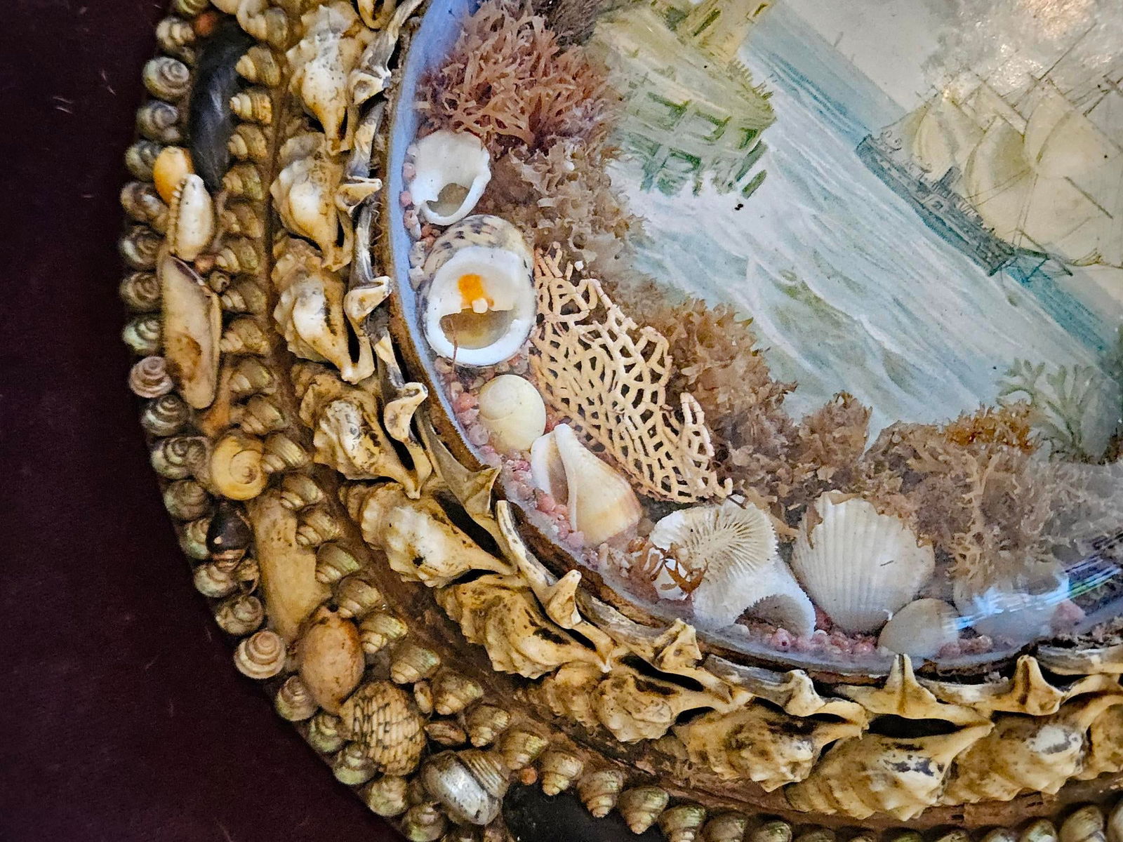 Edwardian Shellwork Valentine Diorama of a Ship Passing Lighthouse - 6