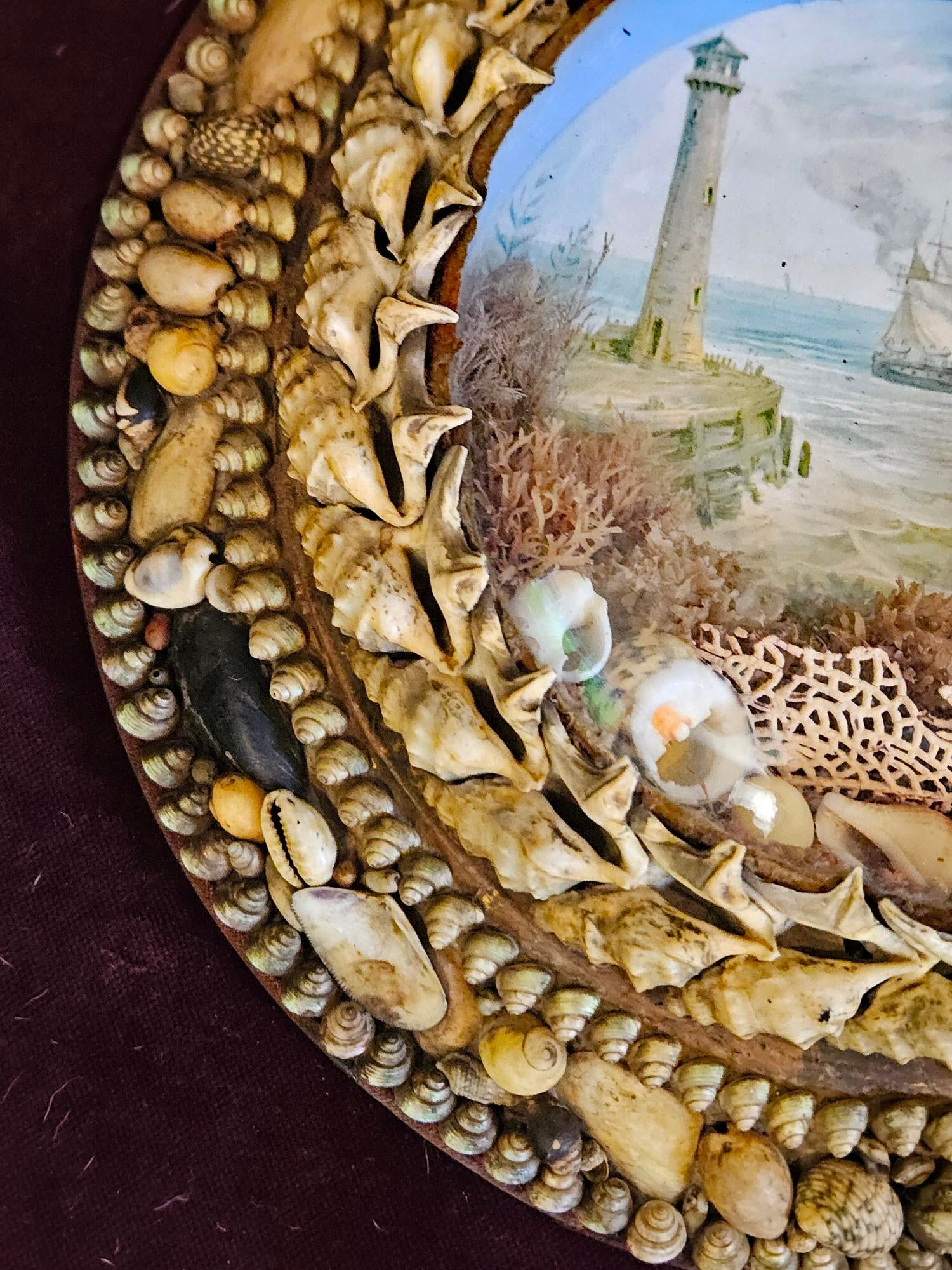 Edwardian Shellwork Valentine Diorama of a Ship Passing Lighthouse - 8