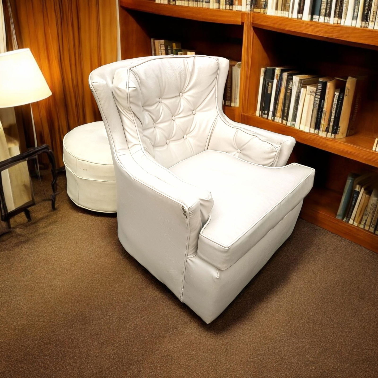 Exquisite Cream Color High-Quality Mid-Century Modern Masterpiece Wingback Chair and Matching Ottoma - 10