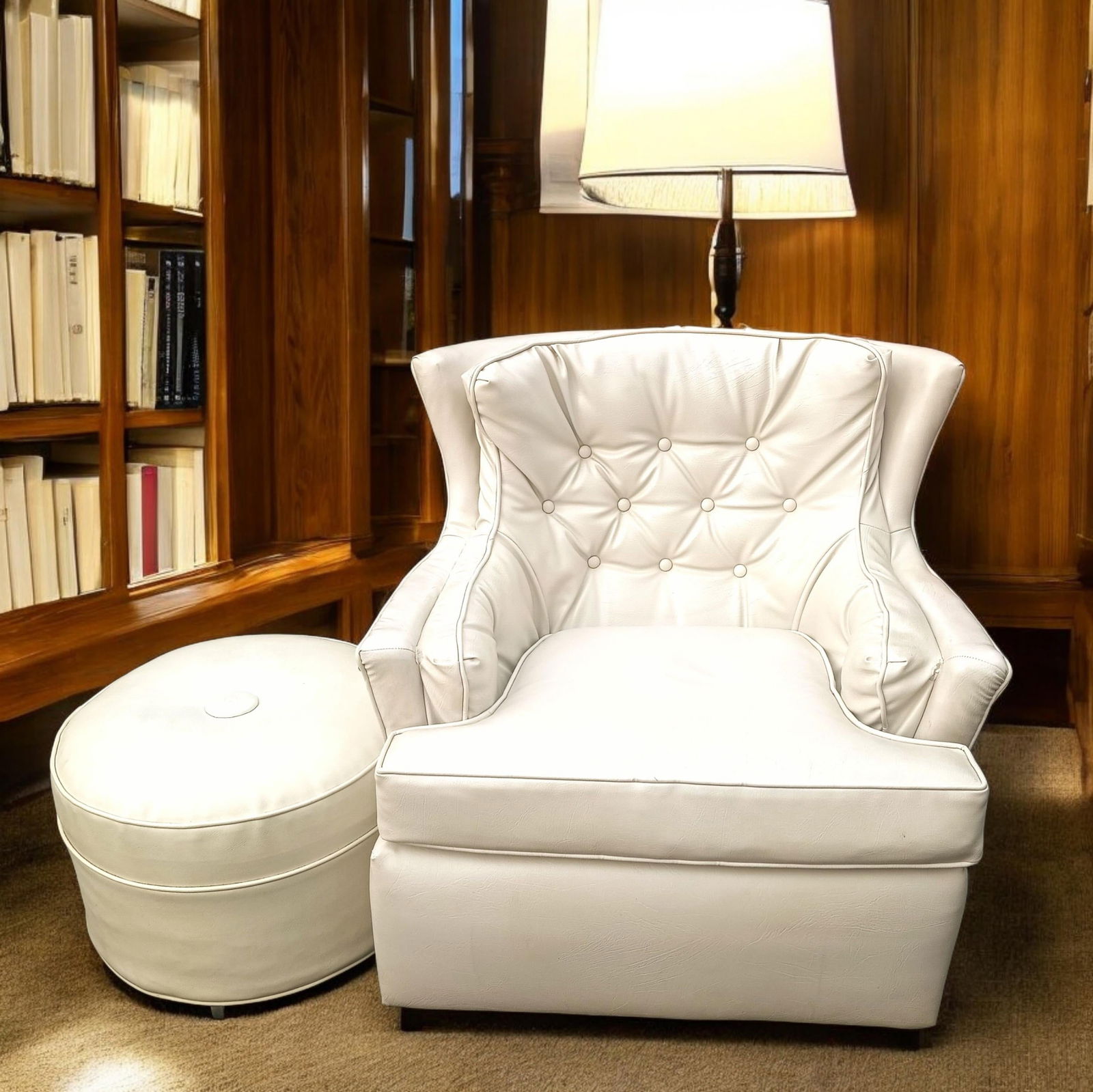 Exquisite Cream Color High-Quality Mid-Century Modern Masterpiece Wingback Chair and Matching Ottoma - 2