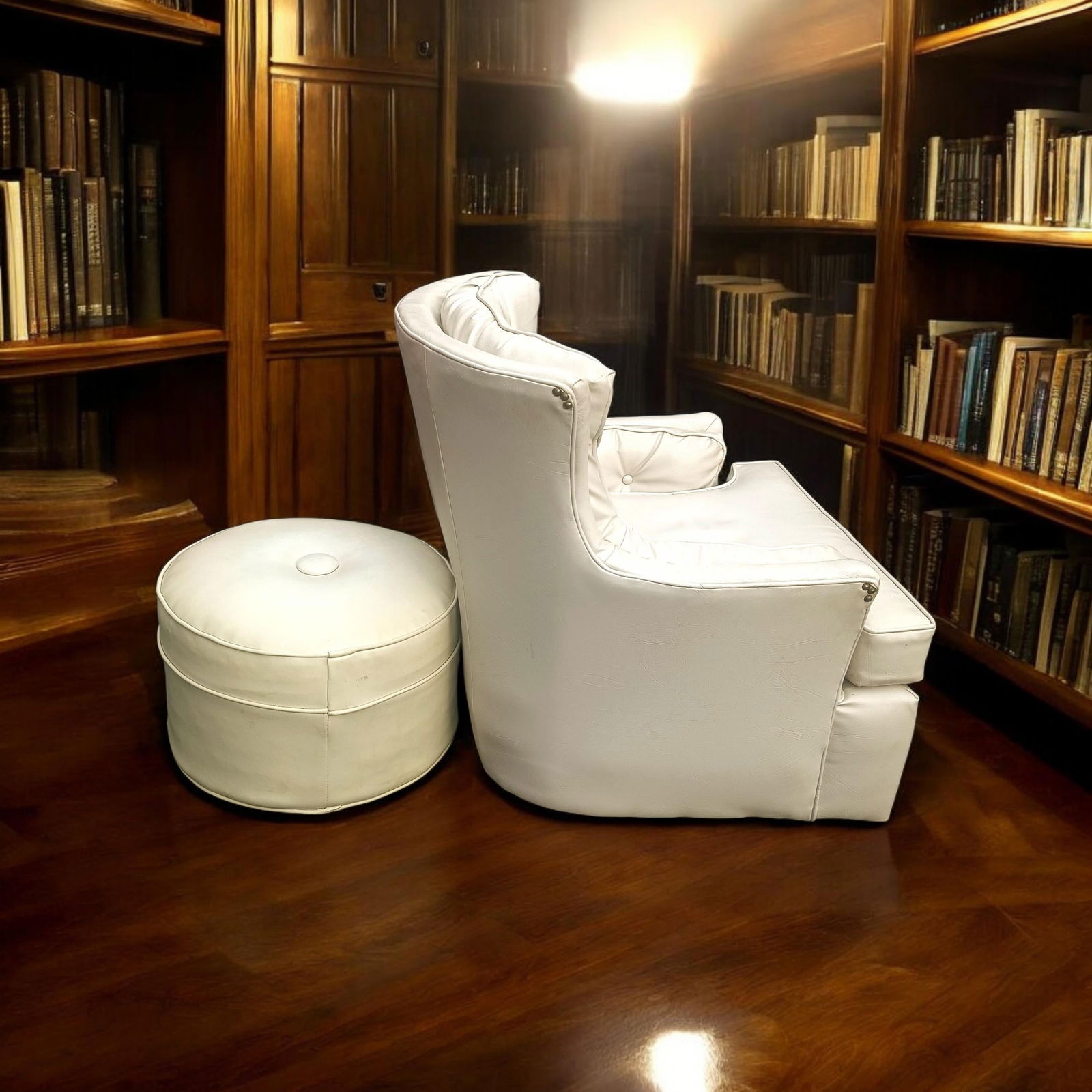 Exquisite Cream Color High-Quality Mid-Century Modern Masterpiece Wingback Chair and Matching Ottoma - 9