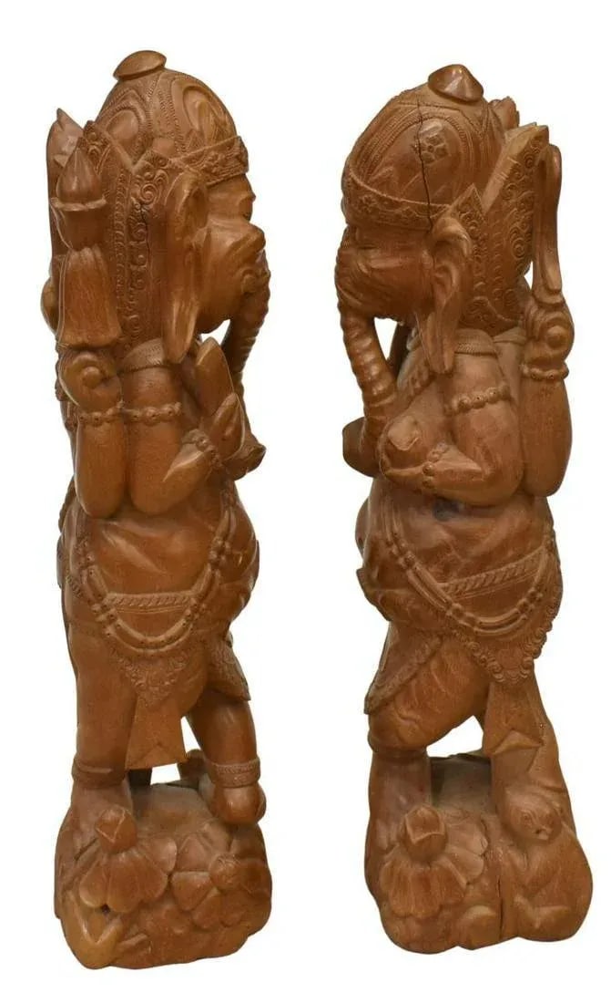 Large Ganesha Elephant God Carved Mango Wood Sculptures - a Pair - 2