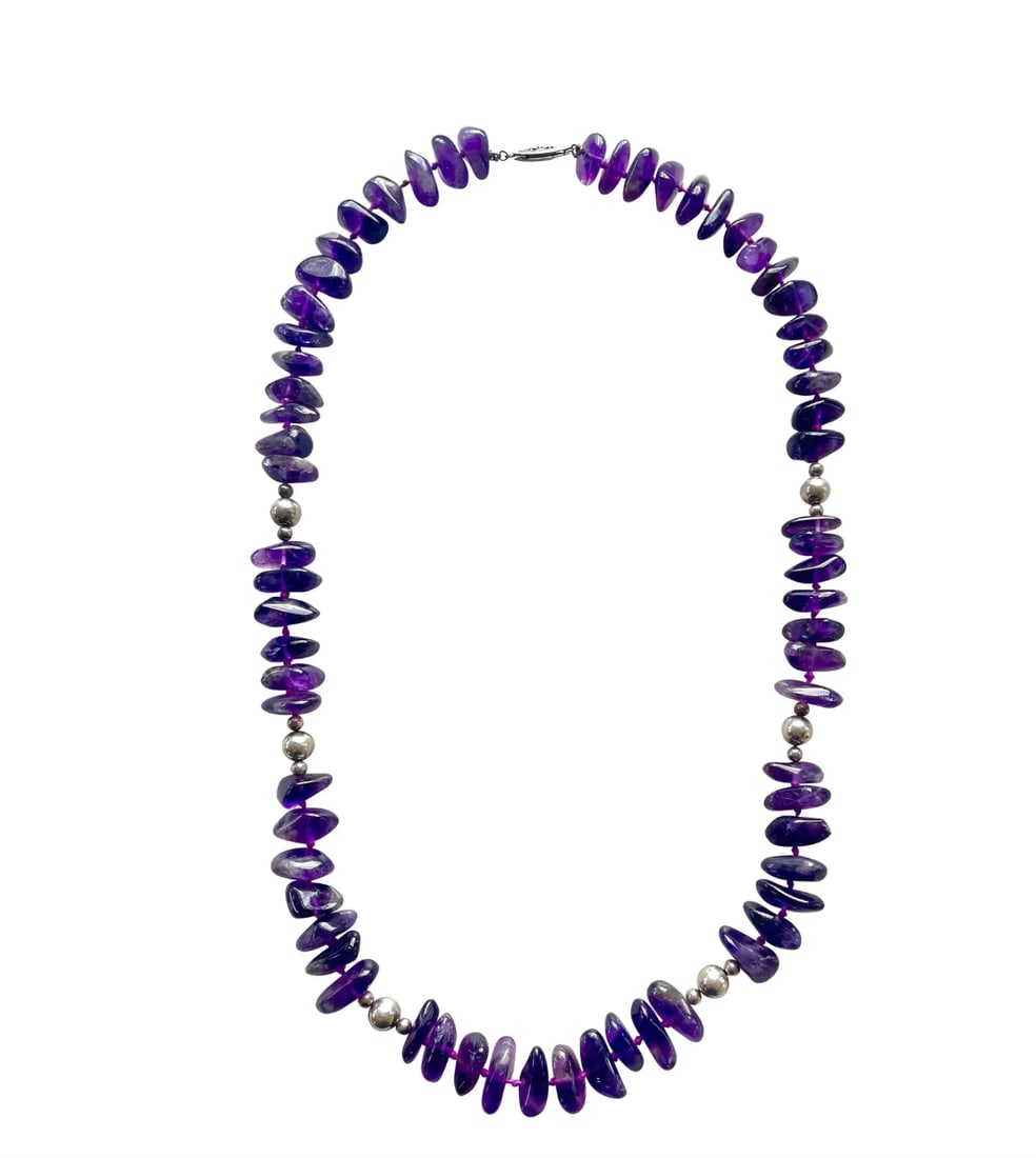 Vintage 1980s 18" Amethyst and Sterling Silver Hand Knotted Beaded Necklace - 5