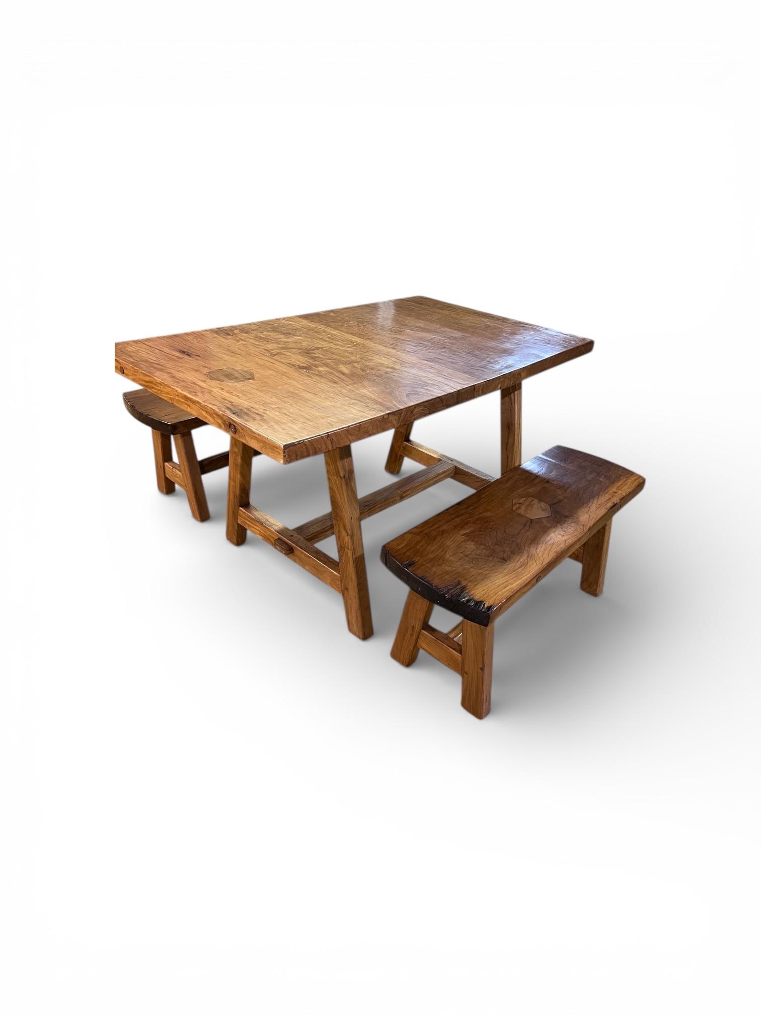 Vintage Hand Crafted Solid Wood Dining Table With Two Benches - 2