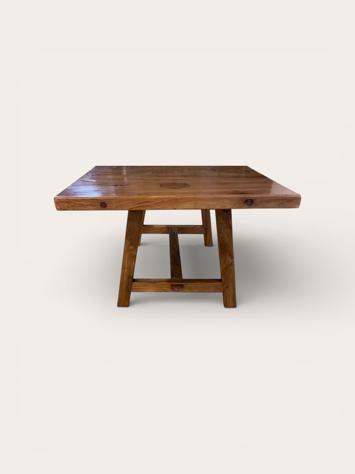 Vintage Hand Crafted Solid Wood Dining Table With Two Benches - 5