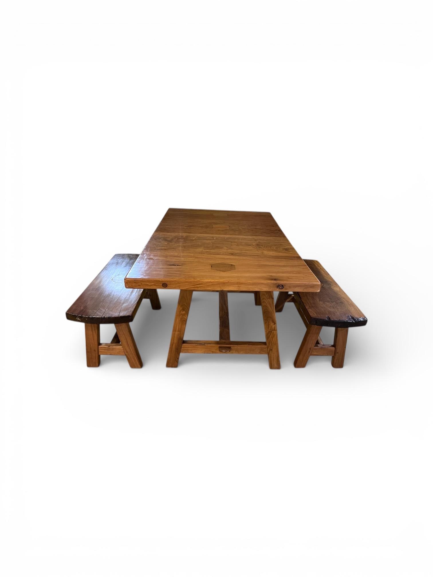 Vintage Hand Crafted Solid Wood Dining Table With Two Benches - 6