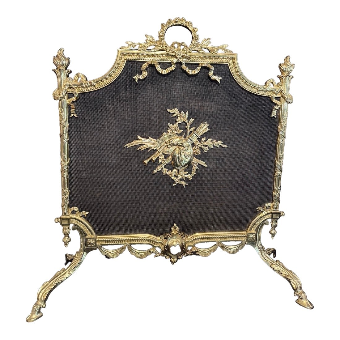 19th C French Louis XVI Gilt Bronze Fireplace Screen: 19th Century French Louis XVI Gilt Bronze Fireplace Screen This refined 19th century French fireplace screen is a distinguished example of Louis XVI–style decorative arts, showcasing classical