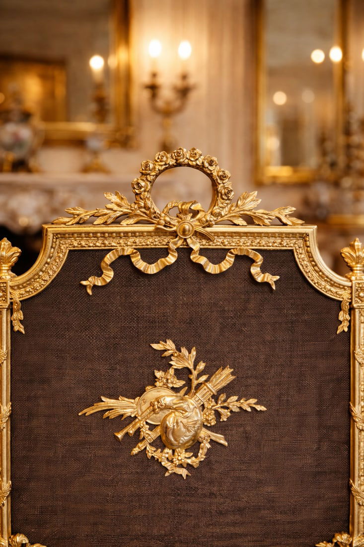 19th C French Louis XVI Gilt Bronze Fireplace Screen - 9