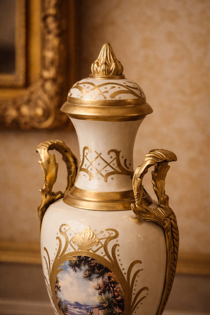 1970s French Style Cream Gilt Porcelain Garniture Set of 3 - 11