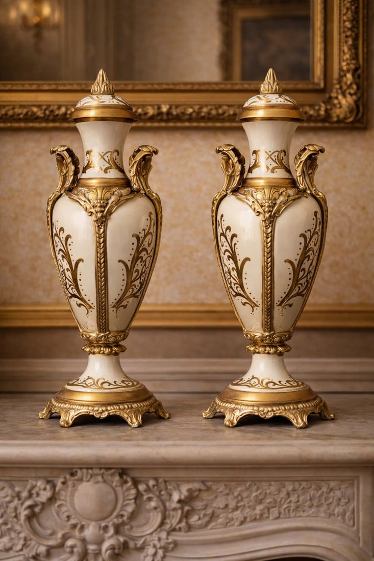 1970s French Style Cream Gilt Porcelain Garniture Set of 3 - 16