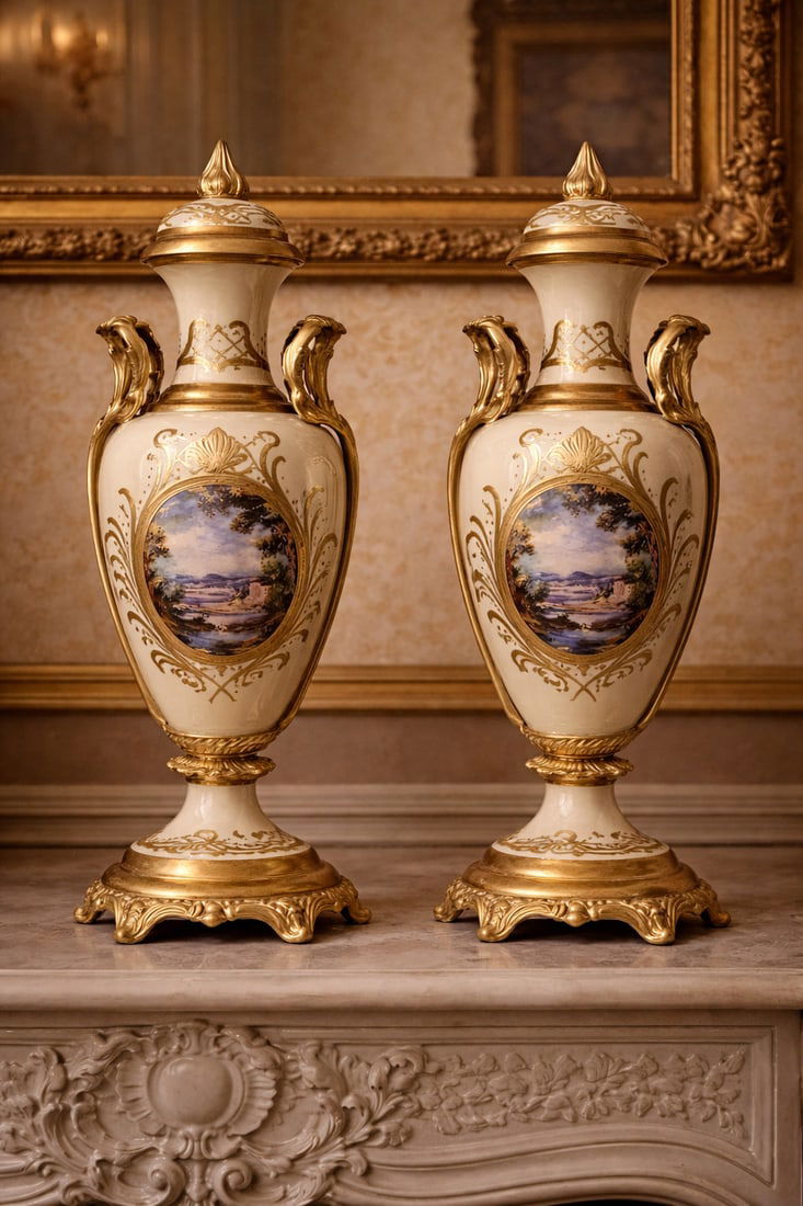 1970s French Style Cream Gilt Porcelain Garniture Set of 3 - 17