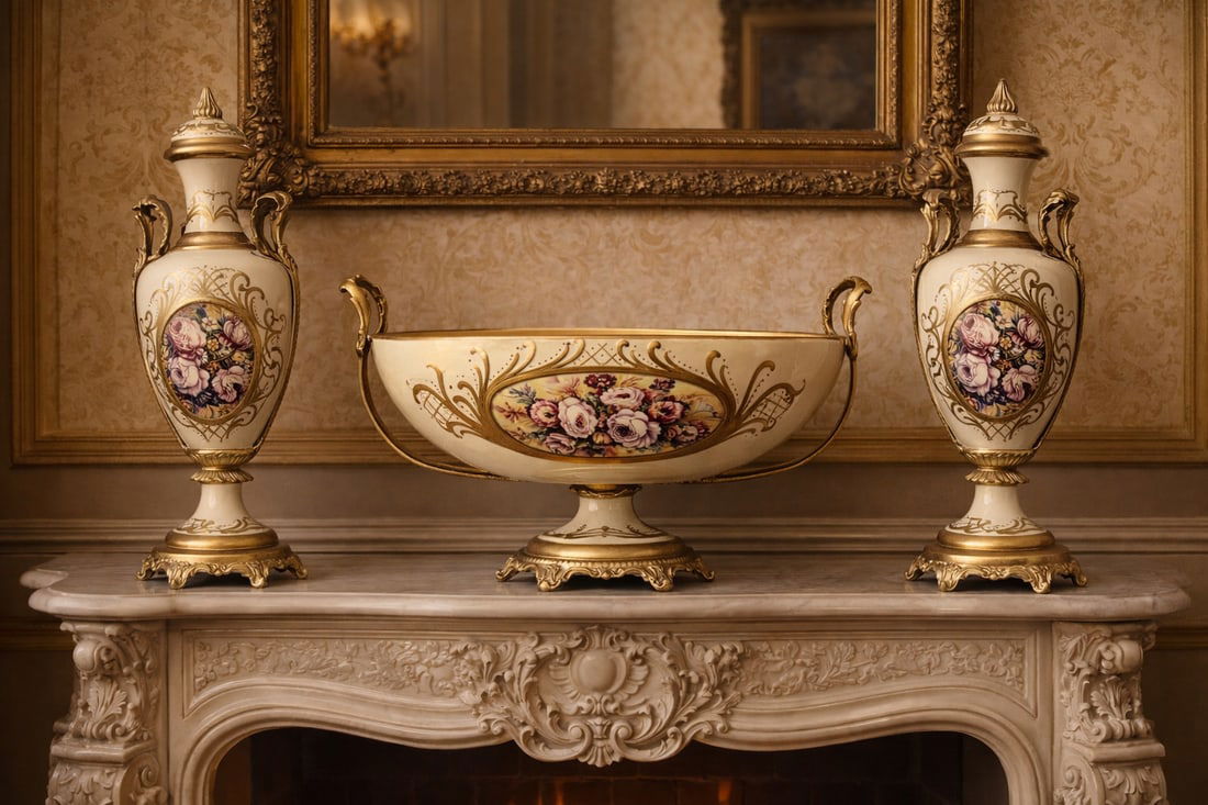 1970s French Style Cream Gilt Porcelain Garniture Set of 3 - 2