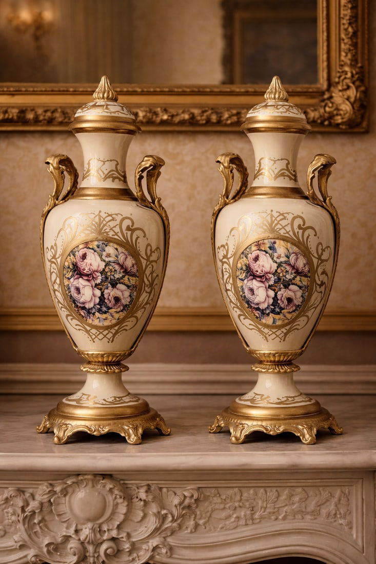 1970s French Style Cream Gilt Porcelain Garniture Set of 3 - 3