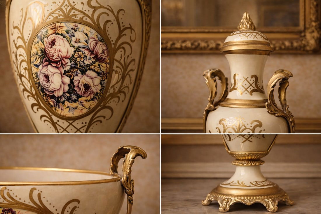 1970s French Style Cream Gilt Porcelain Garniture Set of 3 - 6