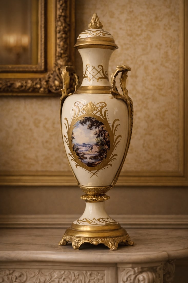 1970s French Style Cream Gilt Porcelain Garniture Set of 3 - 8