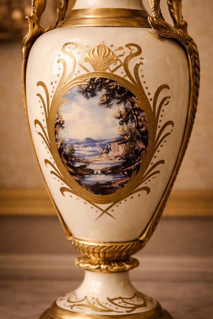 1970s French Style Cream Gilt Porcelain Garniture Set of 3 - 9