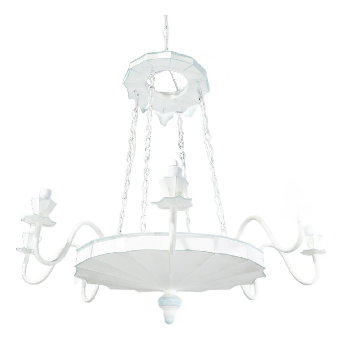 Vintage Handmade White and Light Blue Iron 8-Light Pendant Chandelier: This vintage handmade iron 8-light chandelier features a unique tiered pendant design with a crisp white finish accented by delicate light blue trim. The central structure is composed of a wide, scall