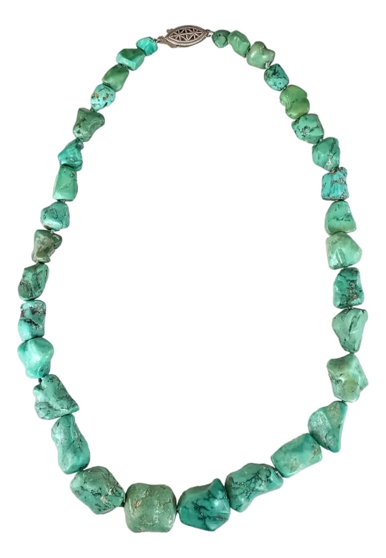 Vintage American Turquoise Beaded Necklace - 16.5": Lovely chunky turquoise beaded necklace with fishhook clasp. Perfect to add a pop of color to any outfit or pair with coastal resort apparel. High quality American turquoise. Condition: