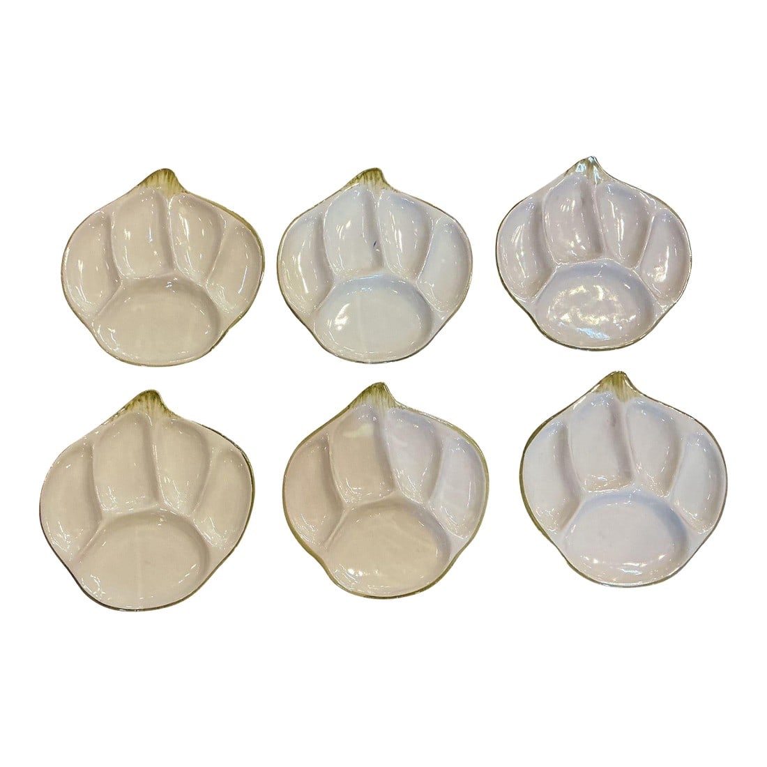 1960s Set of 6 Italian Majolica Fondue Plates: Beautiful set of 6 Italian majolica fondue plates in the shape of garlic. Condition: Alterations: Original Condition Unaltered Imperfections: Some Imperfections Condition Notes: Excellent condition