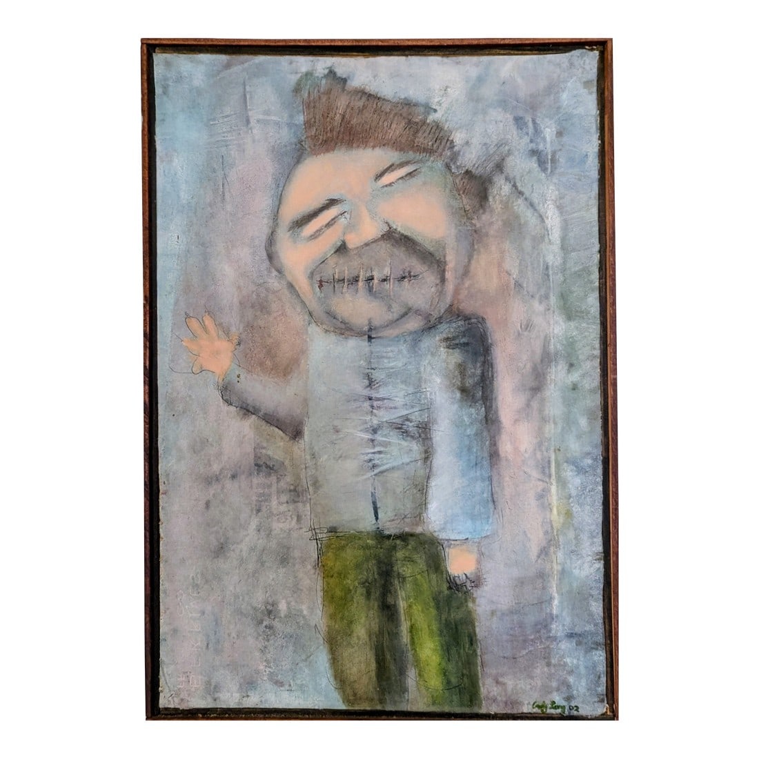 Signed Original Painting by Artist Craig Long: Thematically dark yet whimsical, in muted colors, this mixed media piece depicts a man whose mouth has been stitched shut. And yet, he raises his hand in greeting, creating a conflict: how does one