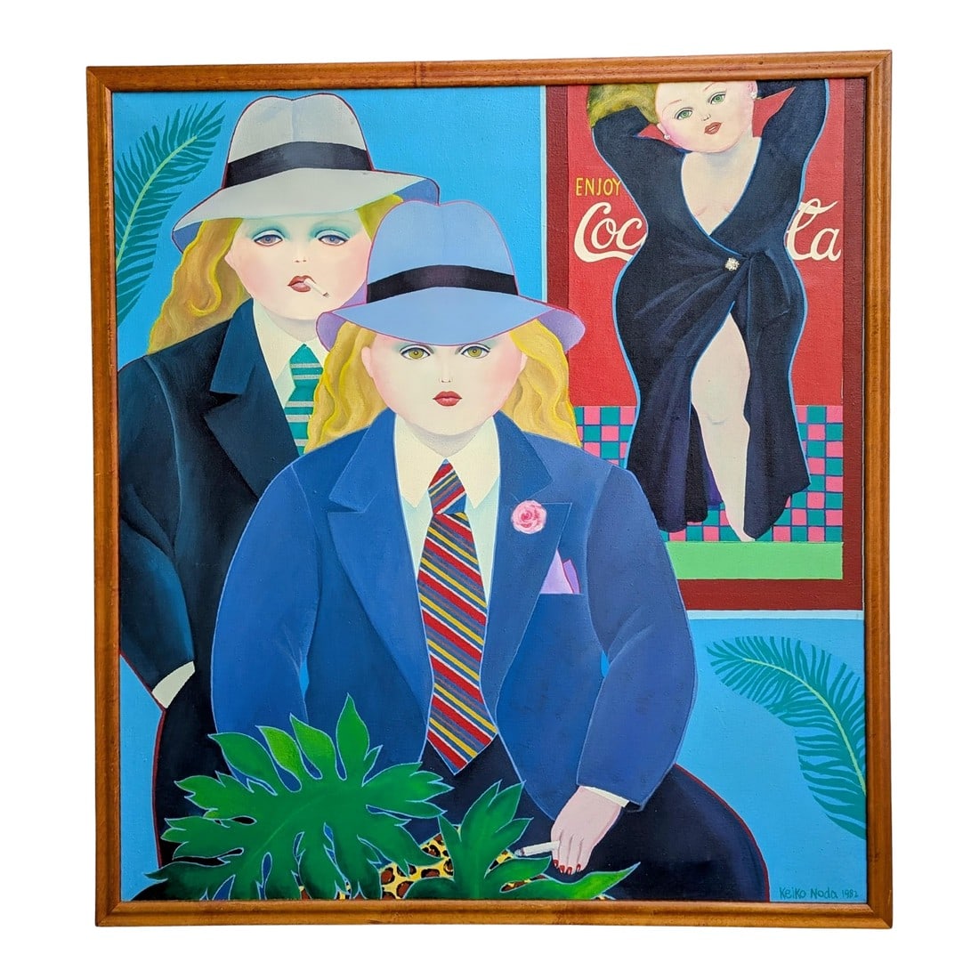 1980s Oil Painting Portrait of Women in Gentlemen's Attire by Keiko Noda: This piece plays with themes of gender and consumerism, depicting women in otherwise high femme presentation wearing suits and taking on masculine poses. The advertisement is a point of contrast,