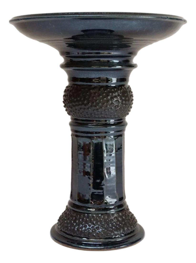 Vintage Studio Pottery Metallic Blue Pedestal / Votive Holder by Deanna Nichols: Multi-purpose ceramic pedestal (large votive holder, cake server, footed catch-all) by ceramicist, Deanna Nichols (b. 1942-2017, Missouri). Holding a BFA from Kansas City Art Institute (1965) and an