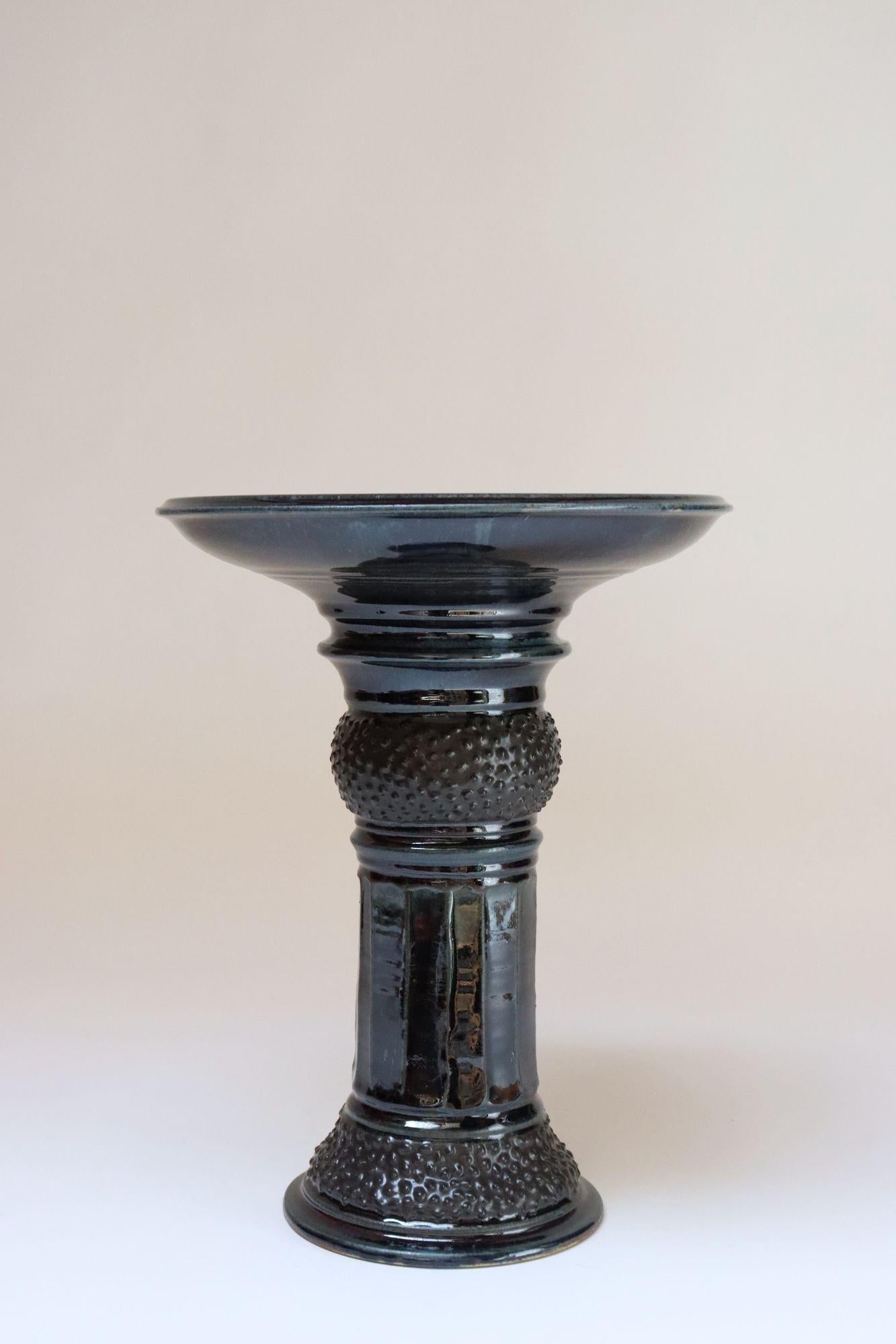 Vintage Studio Pottery Metallic Blue Pedestal / Votive Holder by Deanna Nichols - 2