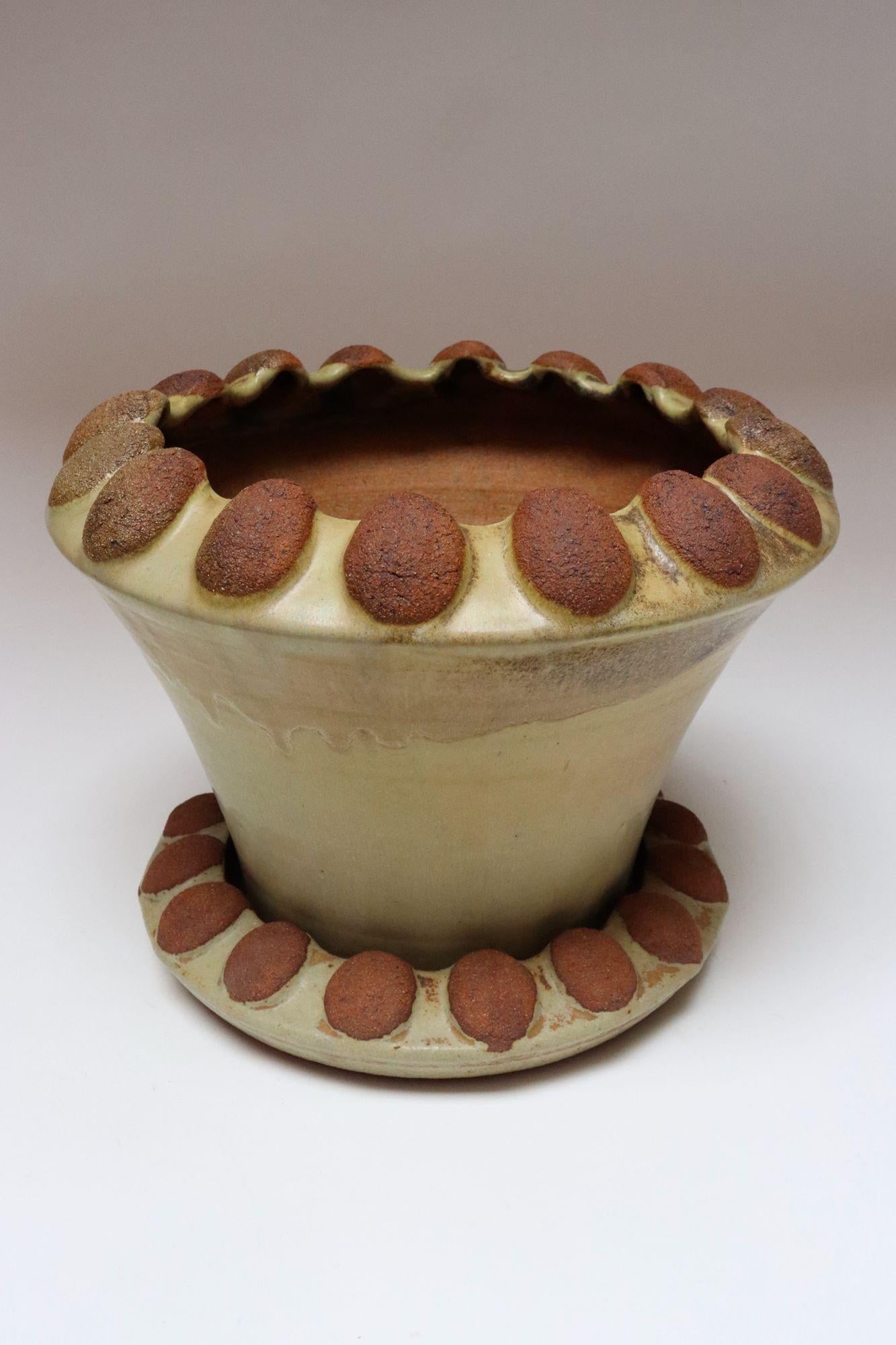 Large Mid-Century Modern Glazed Terracotta Planter With Saucer by Deanna Nichols - 2
