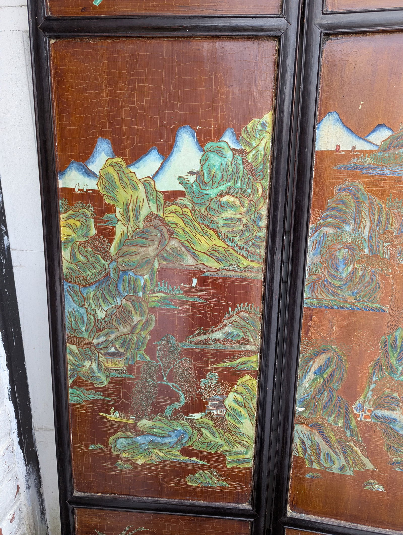 1940s Chinese Coromandel Four Panel Hand Painted Folding Screen /Partition - 10