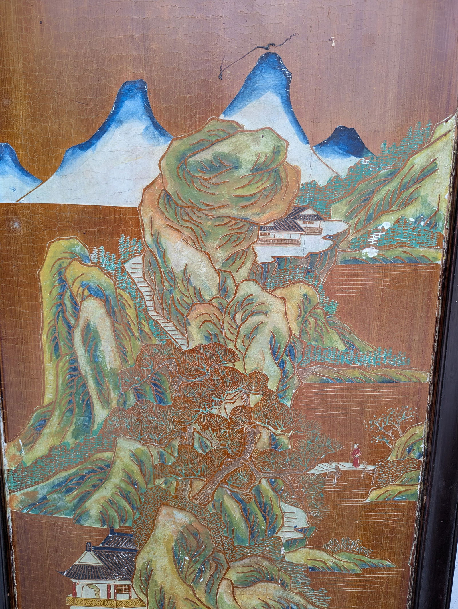 1940s Chinese Coromandel Four Panel Hand Painted Folding Screen /Partition - 12